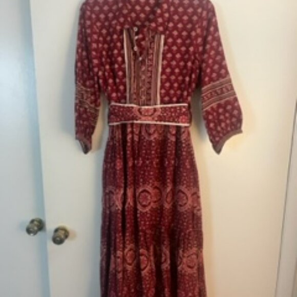 Deep Red Patterned Cotton Midi Dress with Removable Belt - Picture 2 of 4